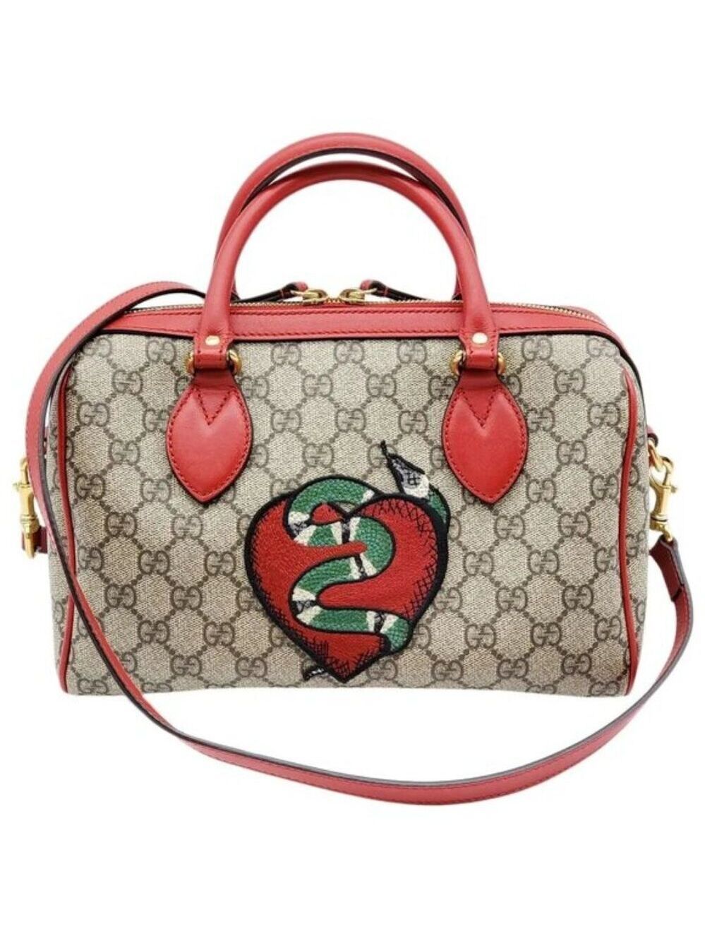 Authentic Gucci GG Supreme Tian Heart Snake Boston Bag Red Leather Crossbody